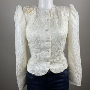 Gunne Sax Vintage Size 5 Ivory Lace Button Down Puff Sleeve Jacket Boho Cottage